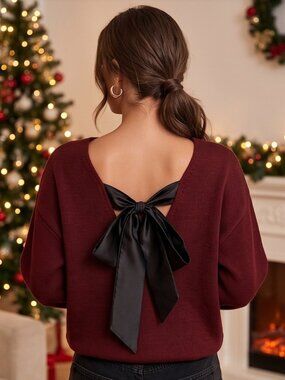 Burgundy Backless Bow Tie Knit Sweater